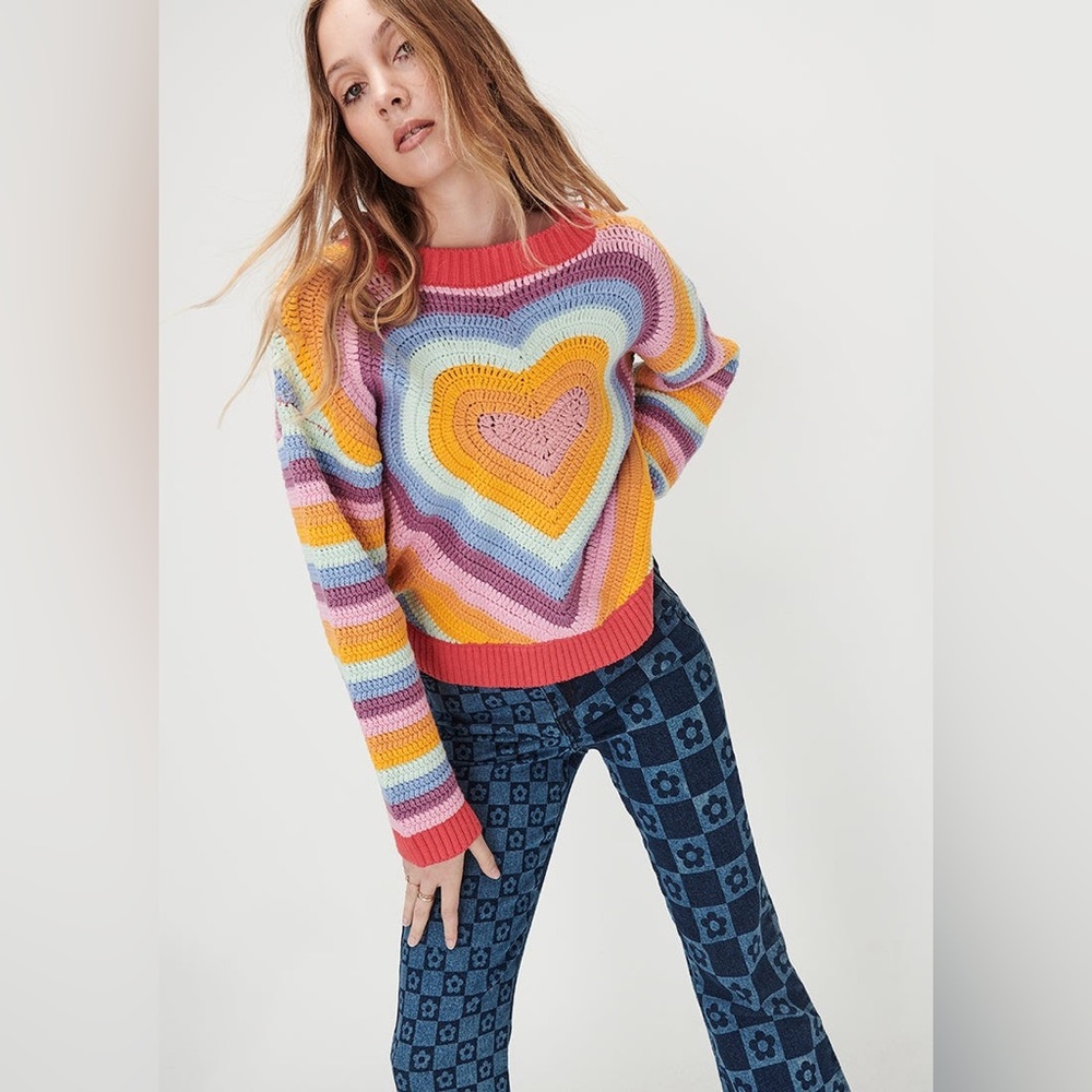 Cute Crochet Colorful Heart Pattern Sweater Small